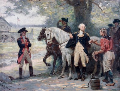 Den amerikanske revolusjonskrigen (1775–1783): George Washington (1732–1789) halvveis til Brook, nær den kontinentale hærens militærleir, en ung mann bringer ham noe å drikke - Maleri av Jean Leon Gerome Ferris (1863–1930) av Jean Leon Gerome