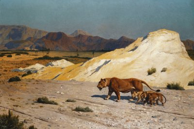Løvinne og unger; Løvinne og løvinne, av Jean Leon Gerome