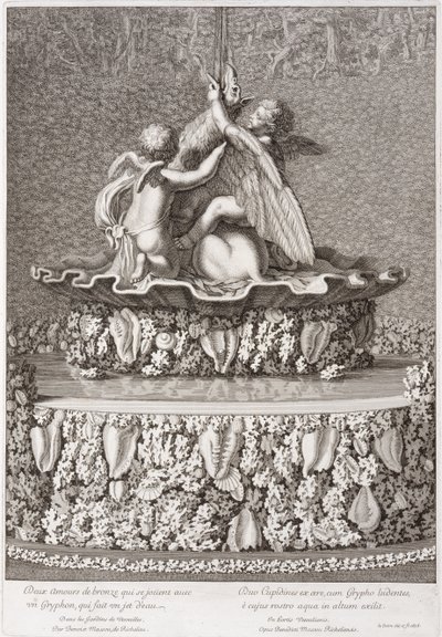 Fontene med to amoriner som leker med en gryphon, av Benoit Massou, i Versailles, 1676 av Jean Lepautre
