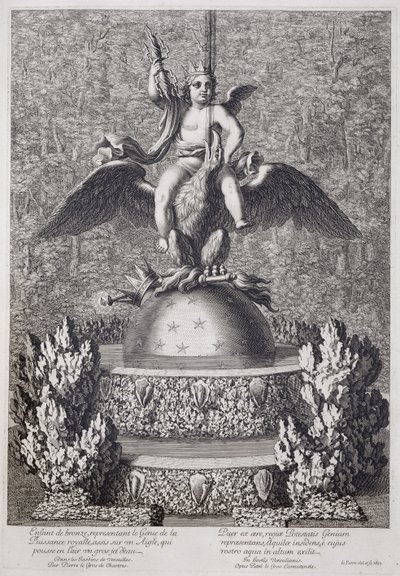Fontener med et barn som representerer Genius of Royal Power av Pierre le Gros, i Versailles, 1677 av Jean Lepautre