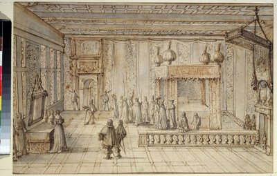 Soverommet til kong Louis XIV (1638-1715) i Versailles. Kammeret til kong Ludvig XIV i Versailles. Tegning av Jean Le Pautre (1618-1682) av Jean Lepautre