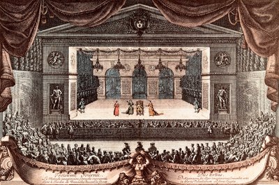 "Le malade imaginaire" (The Imaginary Invalid) av Jean Baptiste Poquelin dit Moliere i Versailles (farget gravering) av Jean Lepautre
