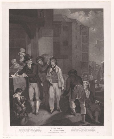 Gruppe med figurer foran et lager i en havn Industri og økonomi (tittel på objekt) av Jean Louis Darcis