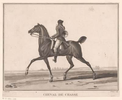 Rytter til hest med jakthorn Cheval de Chasse (tittel på objekt) Sujets de chevaux (serietittel) av Jean Louis Darcis