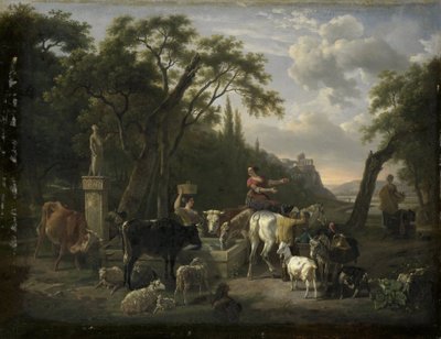 Italiensk landskap med hyrder og dyr ved en fontene av Jean Louis Demarne