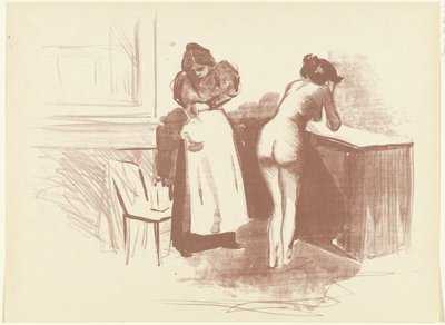 Naken kvinne vasker og tjener står ved siden av henne Croquis La Friction au gant de crin L