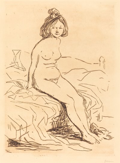 Naken kvinne, sittende på sengen hennes, sett forfra av Jean Louis Forain