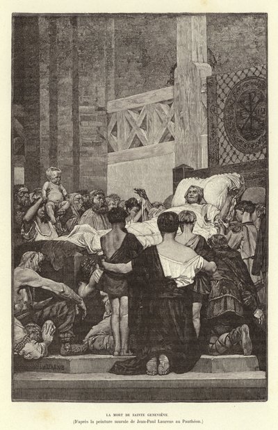 La Mort de Sainte Genevieve. St Genevieves død, c512 (gravering) av Jean Louis Hamon