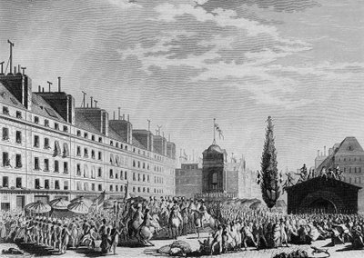 Fransk revolusjon: Proklamasjon av grunnloven (Constitutional Monarchy: Separation of Powers and Institution of the Constitutional Monarchy) Place du Marche des Innocents i Paris 14. september av Jean Louis II (after) Prieur