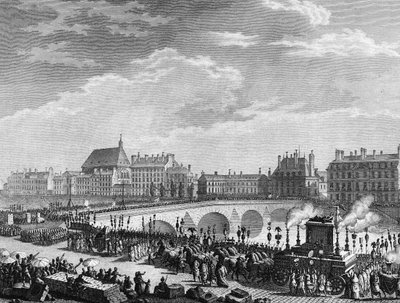 Fransk revolusjon: Triumf av Francois Marie Arouet dit Voltaire (1694-1778) 11. juli 1791 (funebre-tanken til restene av Voltaire har sin passasje på Kongebroen). Gravering av Berthaut etter Prior. Paris, bibliotek ved Institutt for historie av av Jean Louis II (after) Prieur