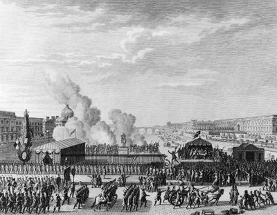 Den franske revolusjonen: Frivillige ved Pont Neuf i Paris, 22. juli av Jean Louis II (after) Prieur