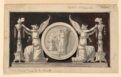 Dekorativt panel: Medaljong med en offerscene mellom to seire som pryder kandelaber av Jean Louis Prieur the Younger