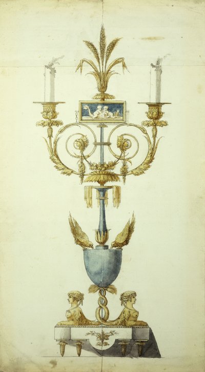 Design for en forgylt bronse og emalje kandelaber (penn og blekk med w/c på papir) av Jean Louis the Younger Prieur