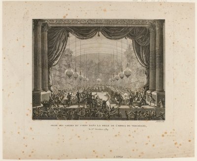 Fest for livvaktene, Flanderns regimenter, Montmorency-dragoner og nasjonalgarden i Versailles. Når de tråkker National Cockade, viser de den svarte kokarden, et tegn på quot;Aristokratiske konføderasjonenquot; av Jean Louis the Younger Prieur