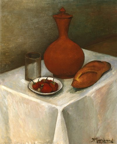 Stilleben med lertøymugge, brød og jordbær av Jean Marchand