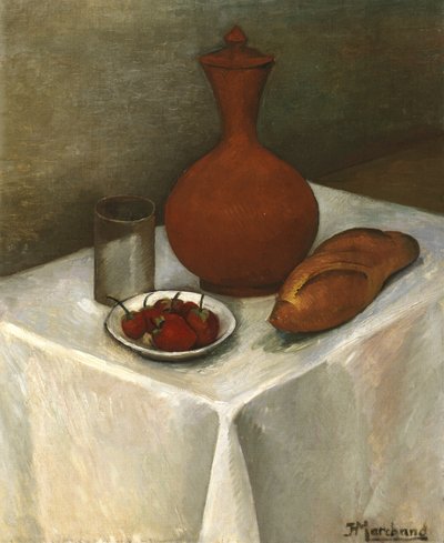 Stilleben med lertøymugge, brød og jordbær av Jean Marchand
