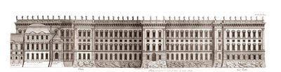 Louvre i Paris, prosjekt av Gian Lorenzo Bernini: forhøyning av hovedfasaden mot Seinen - Fra "" Architecture francoise"" av Jacques-Francois Blondel - elevation de la principale fasade cote Seine - prosjekt av Bernin - gravering av Jean Marot av Jean Marot