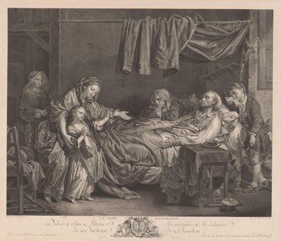 Familie rundt en syk seng La Dame Bienfaisante (tittel på objekt) av Jean Massard