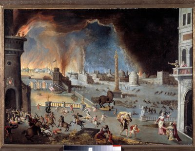 Erobringen av Trojan Scene av den trojanske krigen, byen er ødelagt av grekerne penetrert inn i byen takket være hesten. Maleri av Jean Maublanc (1582-1628). 17. århundre. Besancon, musee des Beaux Arts - Trojanerens fall - Scene til trojaneren W av Jean Maublanc