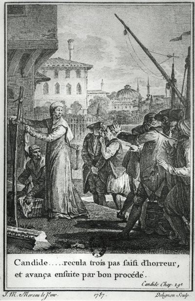 Candide... tok tre skritt tilbake grepet av gru, og deretter videreført med god prosess, illustrasjon fra kapittel 29 av Candide av Francois Voltaire (1694-1778) gravert av Jean Louis Delignon (1755-1804) 1787 av Jean Michel the Younger Moreau