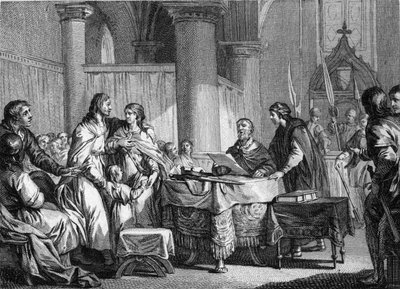 Abdication of Carloman (ca. 715-754), mayor of the palace of Austrasia, for the benefit of his brother, Pepin III dit Pepin le Brief (714-768), 747. Engraving by Jean Michel Moreau, dit Moreau le Jeune (1741- 1814) av Jean Michel the Younger Moreau