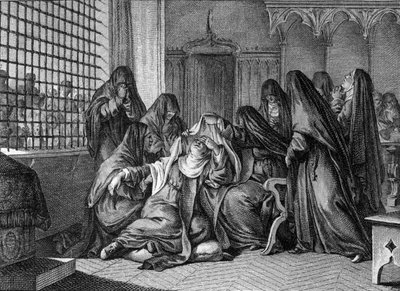 Abelard og Heloise: Heloise (1101-1164) tar sløret ved klosteret til kvinnene i Argenteuil. Gravering av Jean Michel Moreau, dit Moreau le Jeune (1741-1814) av Jean Michel the Younger Moreau