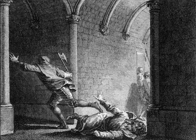 Attentat på Ebroin, borgermester i Neustria Palace, 681: han ble drept med en øks av Hermanfroi, herre som han hadde frarøvet eiendommen sin. Gravering av Jean Michel Moreau, dit Moreau le Jeune (1741-1814) av Jean Michel the Younger Moreau