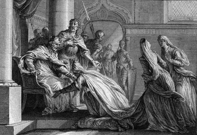 Emma of France (894-934), sister of Hugues the Great (897-956), prostrates to her feet. Mariee has Raoul of Burgundy (or Rodolphe, 890-936), she decided, at the request of her brother, to give the crown of France to her husband, declaring “better kiss her  av Jean Michel the Younger Moreau