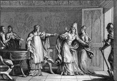 Louis V the Faineant (966-987), kongen av frankerne, utviser sin mor, dronning Emma av Italia (945-988), anklaget for å ha forgiftet mannen hennes, kong Lothaire (941-986), 987. Gravering av Jean Michel Moreau , dette Moreau le Jeune (1741–1814) av Jean Michel the Younger Moreau