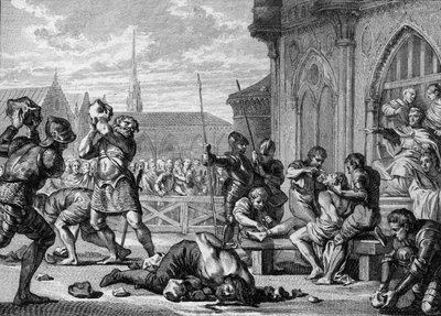 Martyr of Saint Leger and Count Guarin, 675: the eveque Saint Leger (616-675), on the right, has tongue and lips cut. His brother, Count Guarin (left) is stoned. Engraving by Jean Michel Moreau, dit Moreau le Jeune (1741- 1814) av Jean Michel the Younger Moreau