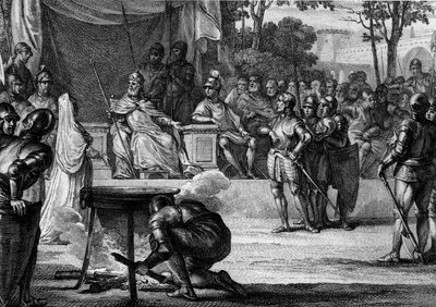 Ordalies eller "the jugments of God", 831: anklaget for forræderi mot Louis I den fromme eller Debonnaire (778-840), Judith Welf (805-843), hans kone, og Bernard av Septimania (ca. 800-844), kammerherre i kongeriket, prøv å bevise deres uskyld før en av Jean Michel the Younger Moreau