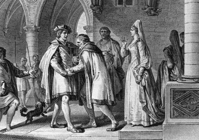Filip I (1052-1108), kongen av frankene, besøker hoffet til greven av Anjou, Foulques le Rechin (1042-1109). Denne reisen er et påskudd for å arrangere ekteskapet hans med Bertrade de Montfort (rundt 1070-1118), kona til grev. 1095. Gravering av Jean Mich av Jean Michel the Younger Moreau