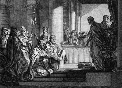Pave Gregoire III (død 741) ba om hjelp fra kongen av francene Charles Martel (688-741) for å slå tilbake de langobardiske troppene i Italia, 741. Gravering av Jean Michel Moreau, dit Moreau le Jeune (1741- 1814) av Jean Michel the Younger Moreau
