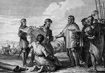 Project of a canal between the Rhine and the Danube, 793: Charlemagne (747-814) visiting the canal site to connect the North Sea to the Black Sea. Engraving by Jean Michel Moreau, dit Moreau le Jeune (1741- 1814) av Jean Michel the Younger Moreau