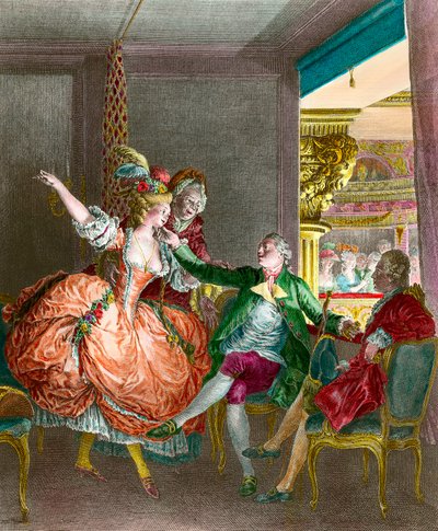 Prostitusjon: "" Presentasjonen på teateret""" En ung kvinne presenteres gjennom en matchmaker for en gentleman. Gravering av Moreau le Jeune (1741-1814). 1800-tallet. Privat samling av Jean Michel the Younger Moreau
