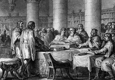 Reetablering av studier i Vesten av kongen av francene Charlemagne (747-814) og munken Alcuin. 781. Gravering av Jean Michel Moreau, dit Moreau le Jeune (1741- 1814) av Jean Michel the Younger Moreau