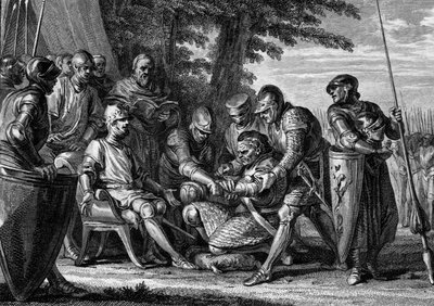 Rollon (ca. 860-933), vikinghøvding, nekter å kysse foten til kong Charles III den enkle (879-929), 912. Gravering av Jean Michel Moreau, dit Moreau le Jeune (1741- 1814) av Jean Michel the Younger Moreau