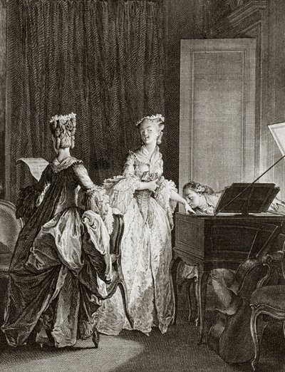 Saint Preux og Claire ved cembalo i "" Julie ou la nouvelle Heloise"" av den sveitsiske filosofen Jean Jacques (Jean-Jacques) Rousseau (1712-1778) - gravering av Moreau le jeune, Jean Michel (1741-1814) (Saint -Preux, slår seg ned ved cembalo, kyss av Jean Michel the Younger Moreau