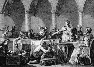 Sharing of the Tresors of Dagobert I (602/605-638), King of the Francs, after his death, under the control of the two mayors of the Pepin Palace of Landen and Aega. Engraving by Jean Michel Moreau, dit Moreau le Jeune (1741- 1814) av Jean Michel the Younger Moreau