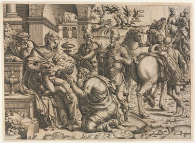 Tilbedelsen av magiene, ca. 1545. av Jean Mignon