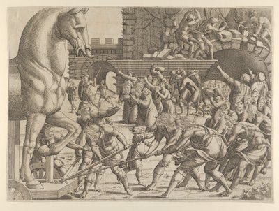 Trojanerne bringer trehesten inn i byen deres, 1535-55. av Jean Mignon
