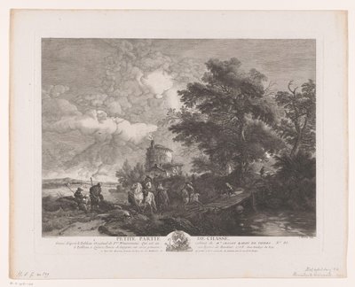 Jaktgruppe i landskap med bro Petite Partie de Chasse (tittel på objekt) Trykk etter malerier av Philips Wouwerman (serietittel) Oeuvres de Ph.pe Wouwermans Hollandois (serietittel) av Jean Moyreau