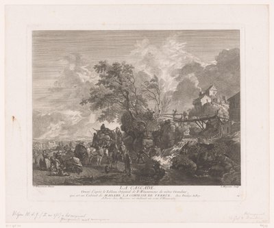 Landskap med reisende ved en foss La cascade (tittel på objekt) Trykk etter malerier av Philips Wouwerman (serietittel) Oeuvres de Ph.pe Wouwermans Hollandois (serietittel) av Jean Moyreau