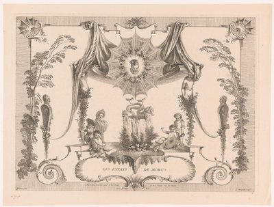 Design for paneling med barn ved en fontene Les Enfans de Momus (tittel på objekt) Oeuvre av Antoine Watteau (serietittel) L