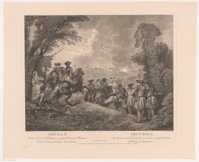 Prosesjon med soldater på vei til en by Défillé - Decursus (tittel på objekt) Verk av Antoine Watteau (serietittel) Verket til Antoine Watteau, peintre du roy en son Academie roïale de peinture et sculpture (...) (serietittel) av Jean Moyreau