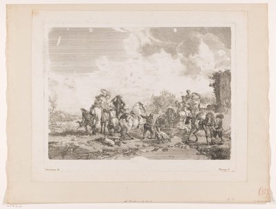 Hvilende jaktfest ved en fontene La Fontaine de Venus Trykk etter malerier av Philips Wouwerman (serietittel) Oeuvres de Ph.pe Wouwermans Hollandois (serietittel) av Jean Moyreau