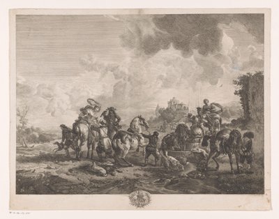 Hvilende jaktfest ved en fontene La Fontaine de Venus Trykk etter malerier av Philips Wouwerman (serietittel) Oeuvres de Ph.pe Wouwermans Hollandois (serietittel) av Jean Moyreau