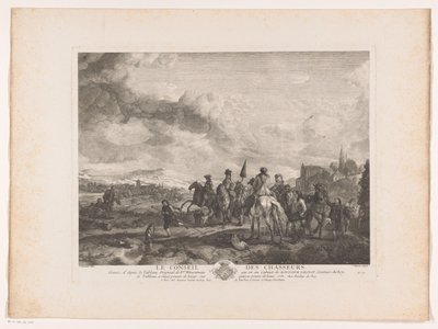 Hvilende jaktfest i et landskap Le Conseil des Chasseurs (tittel på objekt) Trykk etter malerier av Philips Wouwerman (serietittel) Oeuvres de Ph.pe Wouwermans Hollandois (serietittel) av Jean Moyreau