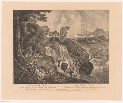 Rustende figurer ved en vannval Fossen - Aquae Lapsus (tittel på objekt) Verk av Antoine Watteau (serietittel) Verket til Antoine Watteau, maler for kongen i hans Royal Academy of Painting and Sculpture (...) (serietittel) av Jean Moyreau