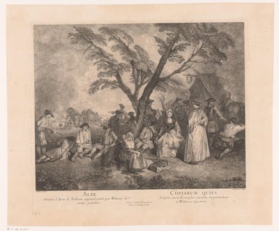 Rustende reisende ved en halte Alte - Copiarum Quies (tittel på objekt) Verk av Antoine Watteau (serietittel) Verket til Antoine Watteau, maler for kongen i hans Royal Academy of Painting and Sculpture (...) (serietittel) av Jean Moyreau